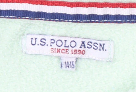 Brand and care label for U.S. Polo Assn. girls’ green full zip hoodie 14-15 years
