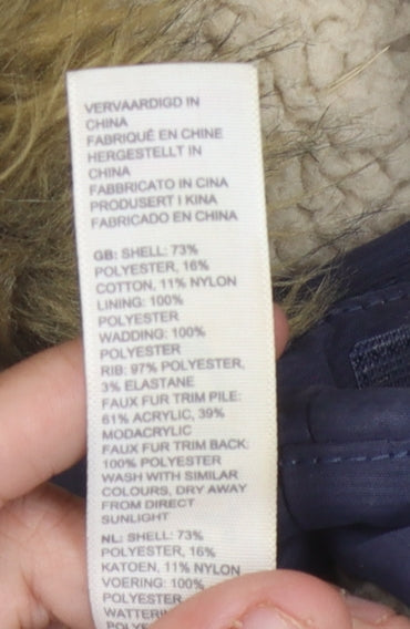 Brand and care label for FatFace girls’ blue puffer jacket, size 2-3y hooded winter