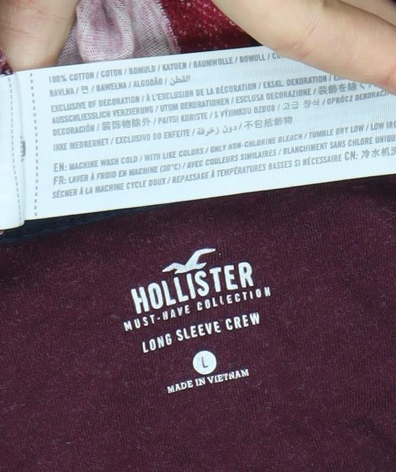 Hollister Men's Red Long Sleeve Crew T-Shirt L