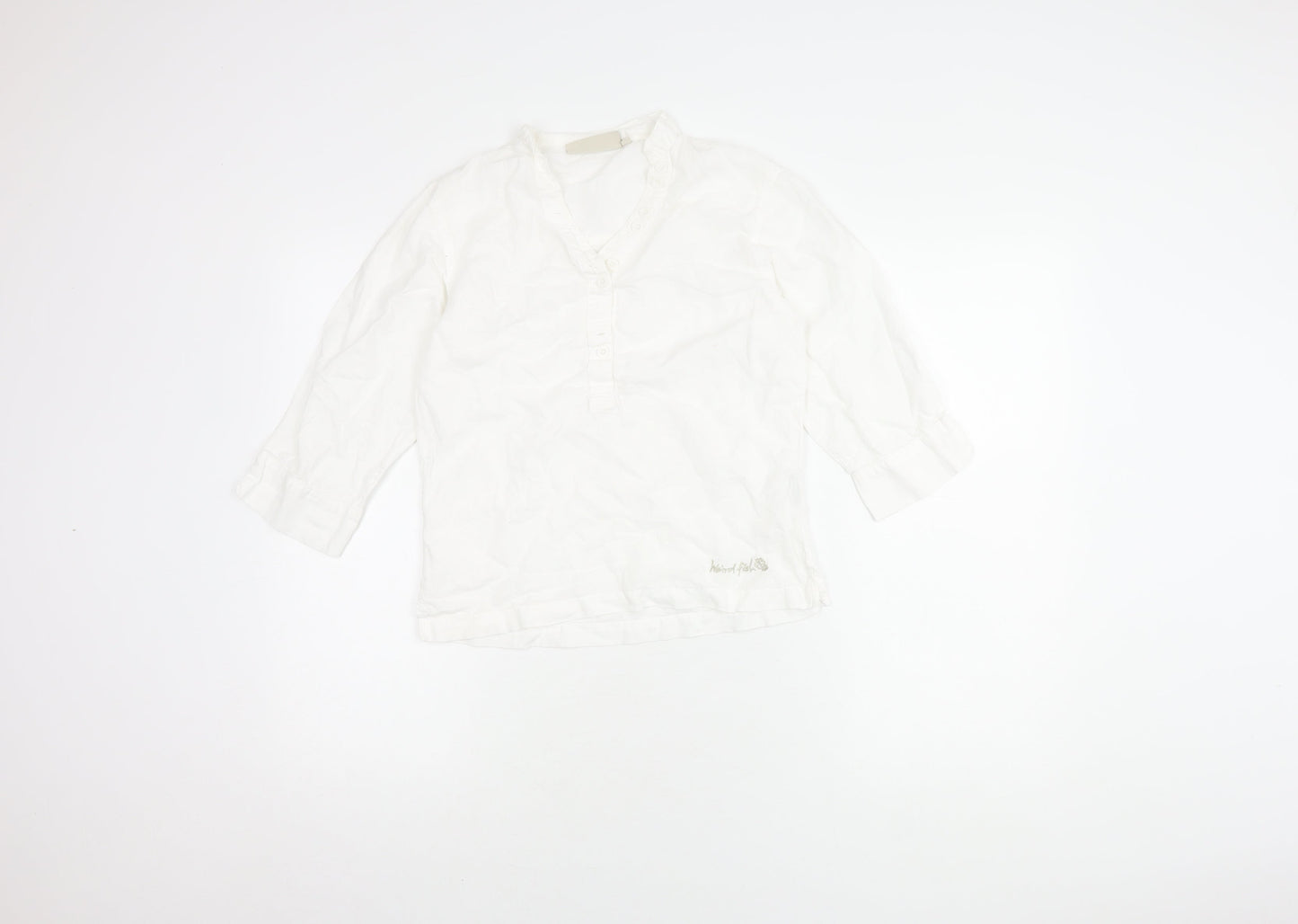 Weird Fish Women's White Cotton Linen V-Neck Shirt S