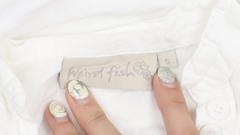 Weird Fish Women's White Cotton Linen V-Neck Shirt S
