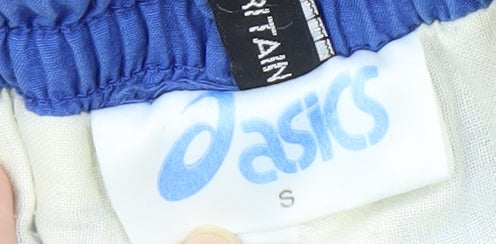 Brand and care label for Asics Men's Blue Track Pants, size S, Gym & Training