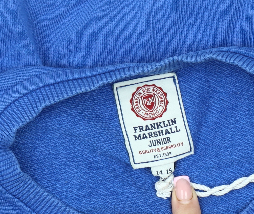 Close-up detail of Franklin & Marshall boys’ blue crew neck pullover sweatshirt