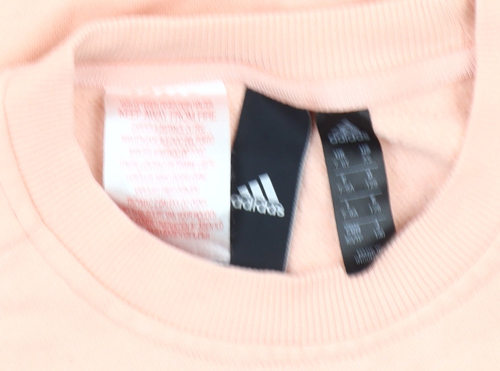 Close-up detail of Adidas girls’ pink pullover sweatshirt 2-3 years logo crew neck