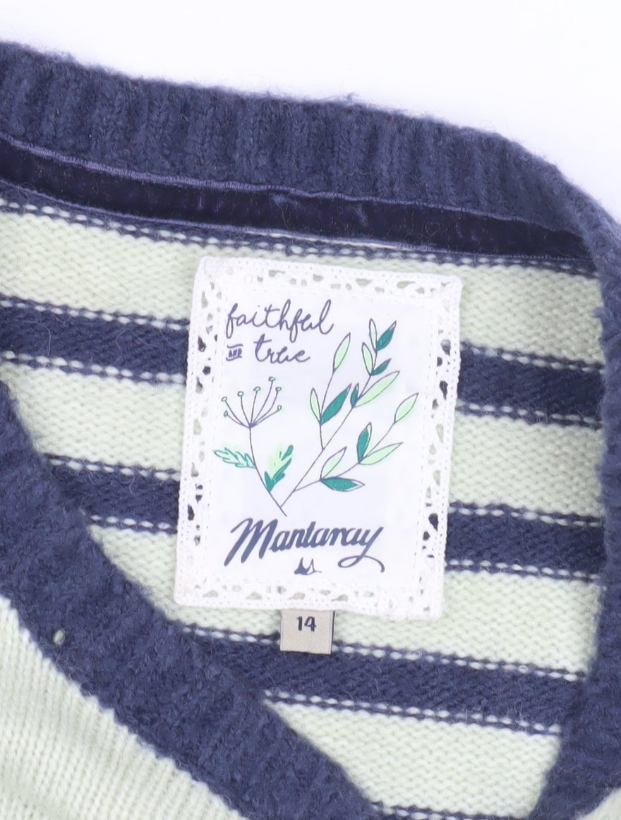 Close-up detail of Mantaray Women's Green Striped jumper, size 14