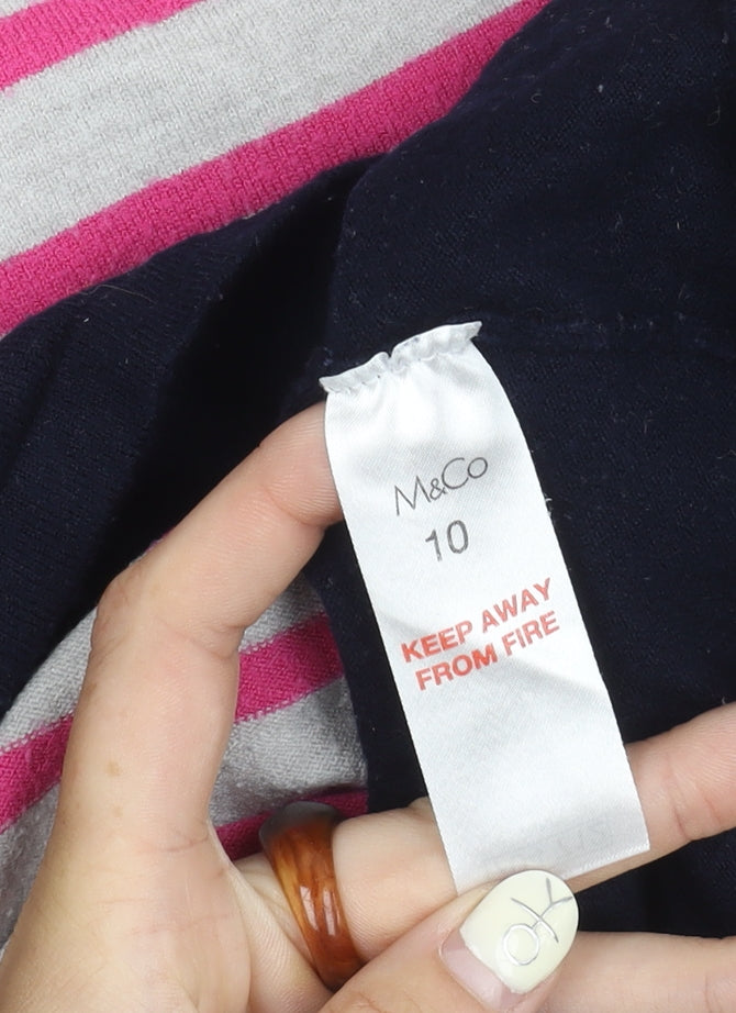 Brand and care label for M&Co Women's Pink Striped Top, size 10