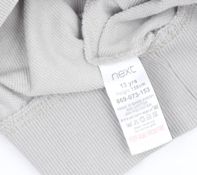 Close-up detail of Next boys’ grey pullover sweatshirt with zip pocket, size 158