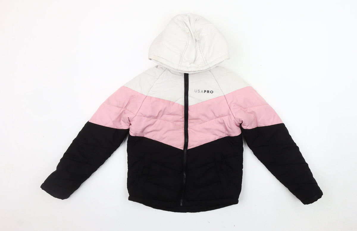 Brand and care label for USA Pro girls’' puffer jacket, black/pink/white, 7-8 years