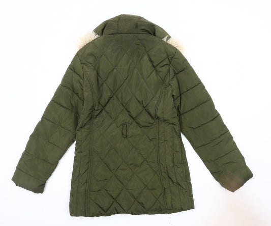 Oasis Women's Green Puffer Jacket, Size 10, Fur Trim