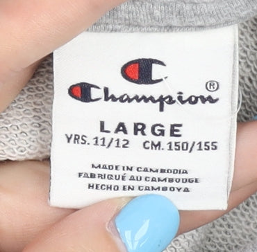 Brand and care label for Champion boys’ grey hoodie, size L, pullover with logo