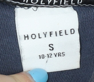 Brand and care label for Holyfield boys’ blue hoodie, size S, full zip, casual wear