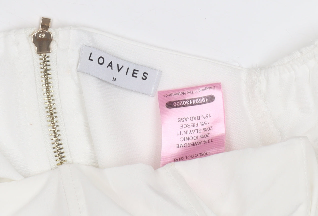 LOAVIES Women's White Cropped Blouse, Size M, Puff Sleeve