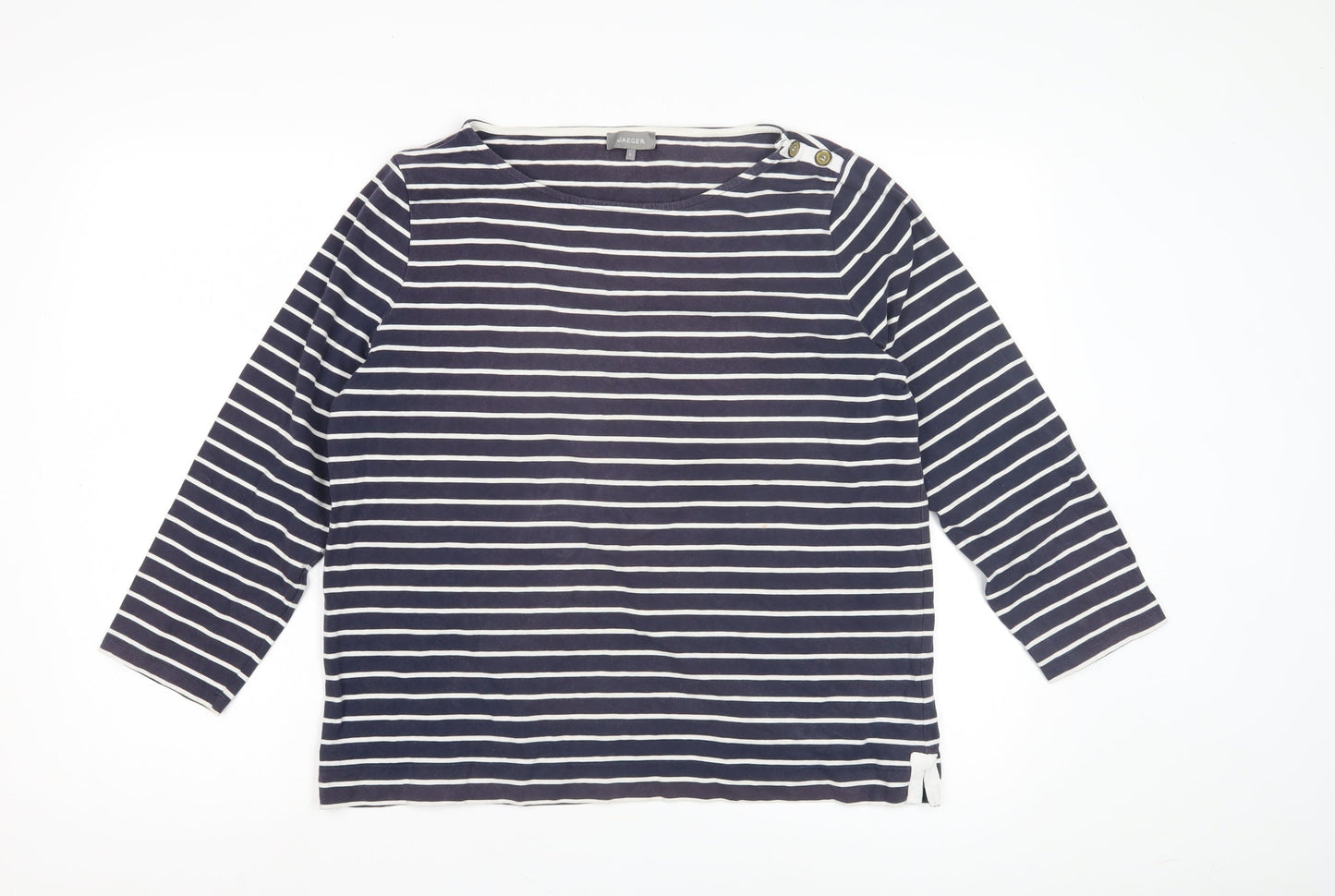 Jaeger Women's Blue Striped Cotton T-Shirt, Size L, 3/4 Sleeve