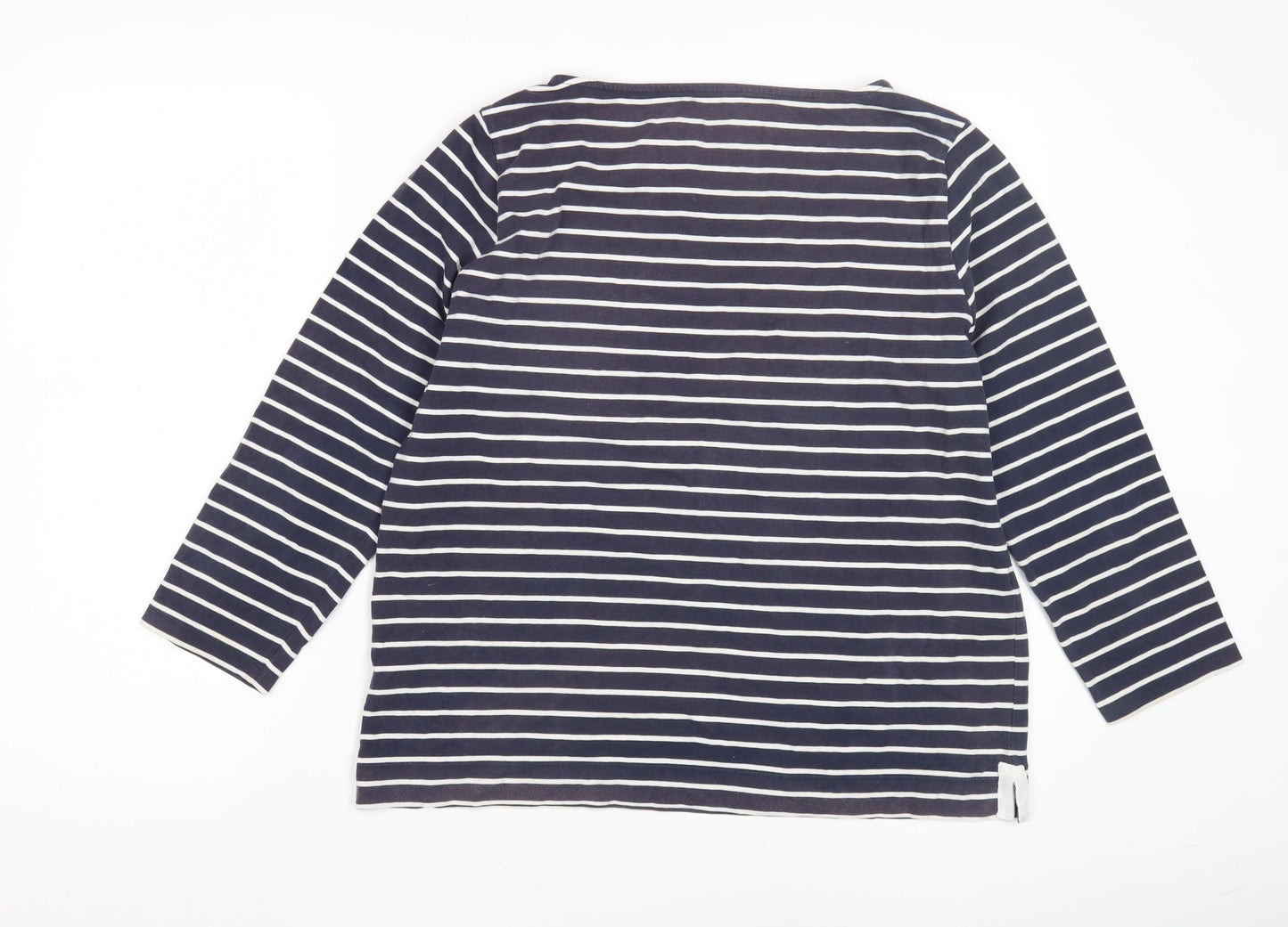 Jaeger Women's Blue Striped Cotton T-Shirt, Size L, 3/4 Sleeve