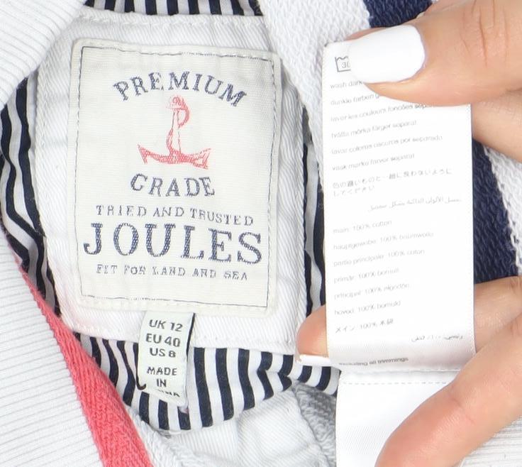 Joules Women's White Striped Henley Top Size 12 - Cotton