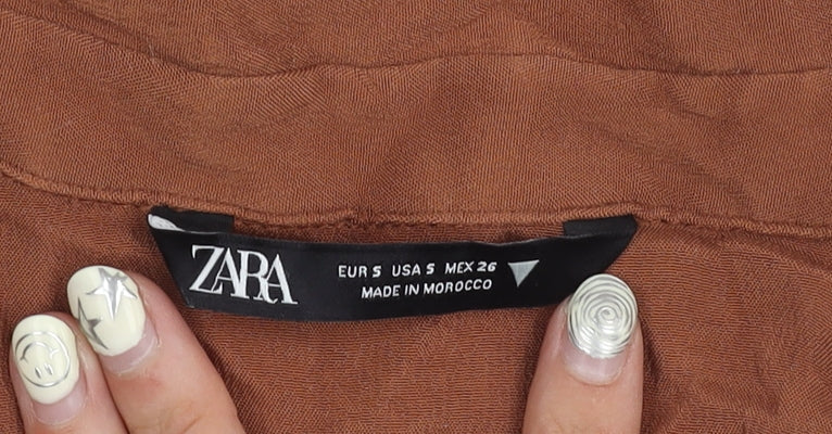 Zara Women's Cropped Brown Long Sleeve Collared Top