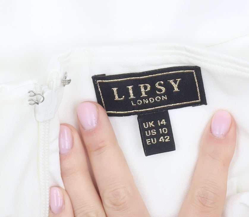 Brand and care label for Lipsy Women's White Strapless Satin Top, size 14