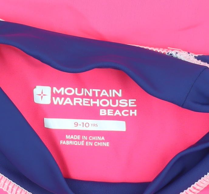 Brand and care label for Mountain Warehouse girls’ uv protection pink and blue top 9-10y