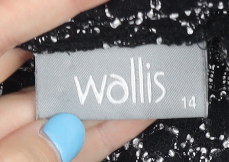 Brand and care label for Wallis Women's Black Geometric Mock Neck Top, size 14