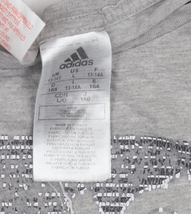 Close-up detail of Adidas boys’ grey graphic t-shirt - 13-14 years