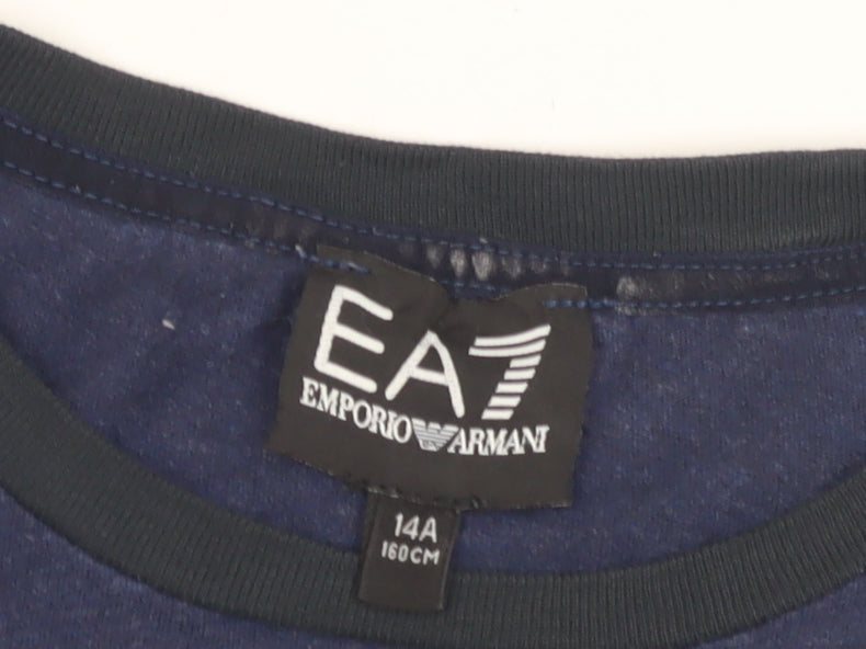 Close-up detail of Emporio Armani boys’ blue logo t-shirt 14 years