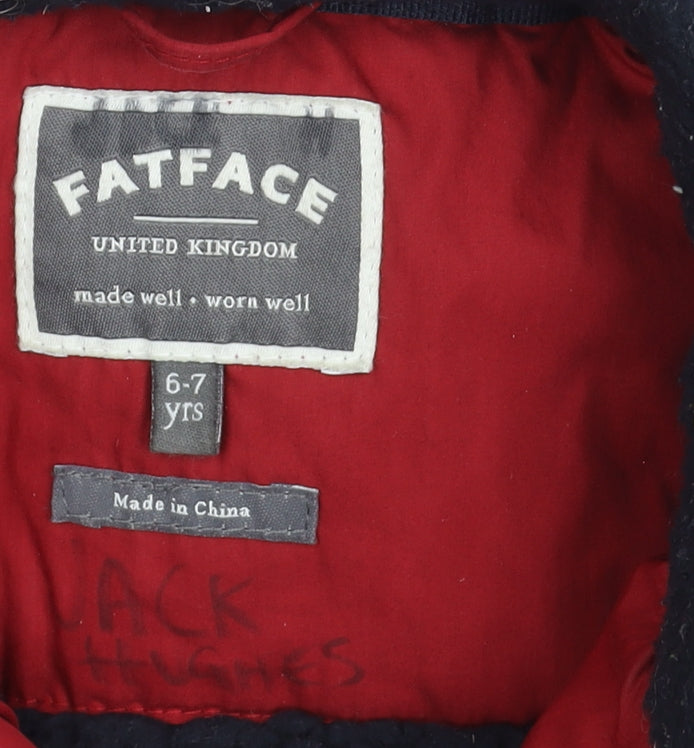 Brand and care label for FatFace boys’ red bodywarmer 6-7 years padded zip casual