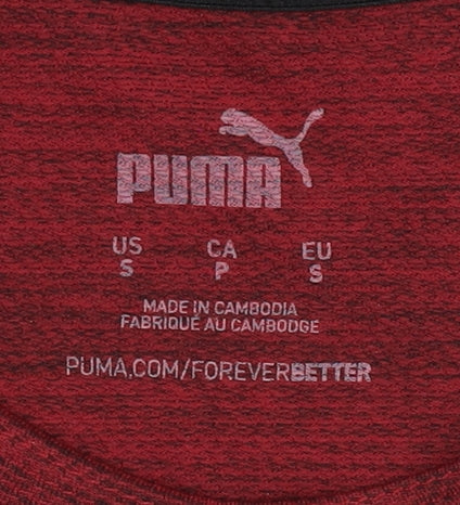 Brand and care label for Puma Men's Red Gym & Training T-Shirt, size S