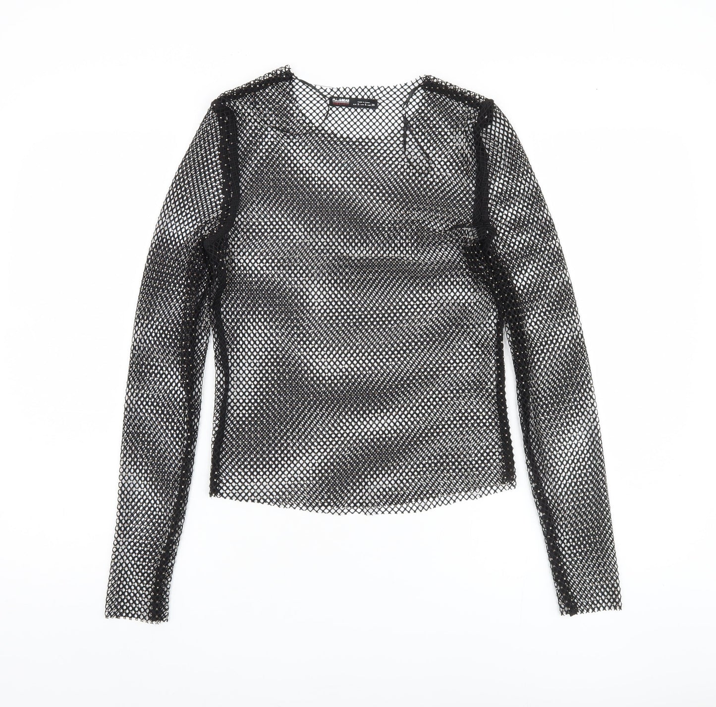 Pull & Bear Women's Black Mesh Slim Fit Long Sleeve Top