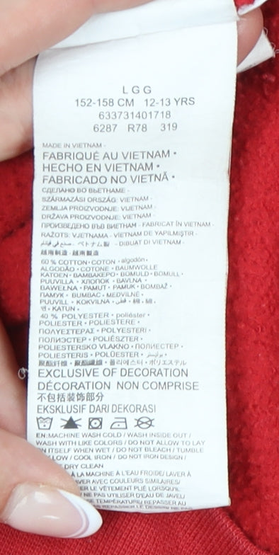 Brand and care label for Nike boys’ red sweatshirt 12-13 yrs graphic print casual