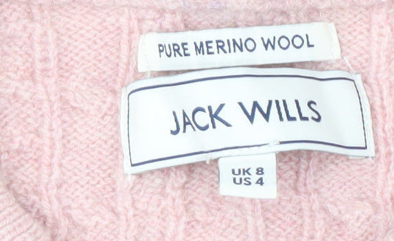 Jack Wills Women's Pink Cable-Knit Merino Wool Jumper Size 8