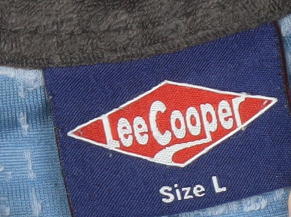 Brand and care label for Lee Cooper Men's Brown Blue Polo Shirt, size L