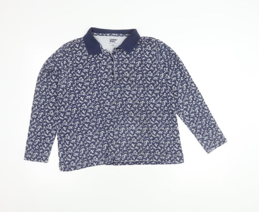 Lands' End Women's Blue Floral Polo Shirt, M, Long Sleeve
