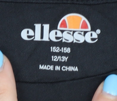 Brand and care label for Ellesse girls’ black t-shirt, size 12, years, activewear