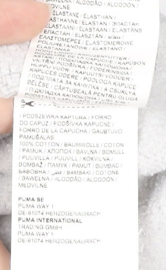 Brand and care label for Puma boys’ grey hoodie, 7-8 years, pullover, hooded