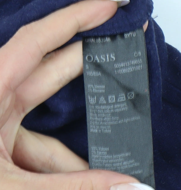 Brand and care label for Oasis Women's Blue Animal Print Crew Neck Top - S