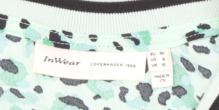 Brand and care label for InWear Women's Green Animal Print Top, size 10