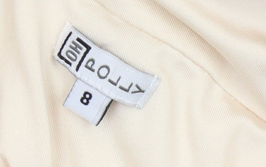 Brand and care label for Oh Polly Beige Wide-Leg Jumpsuit, size 8, Elegant V-Neck