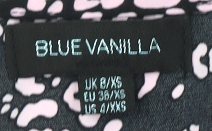 Brand and care label for Blue Vanilla Women's Black V-Neck Top, size 8