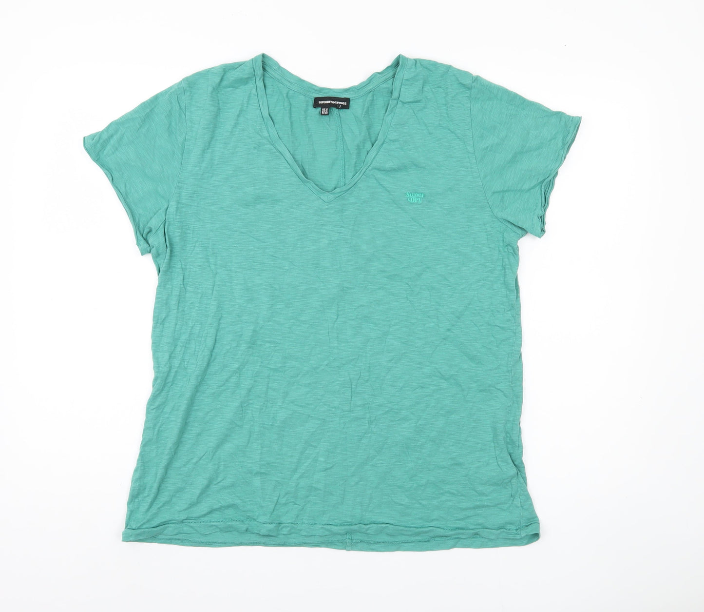 Superdry Women's Green Cotton V-Neck T-Shirt, Size 14