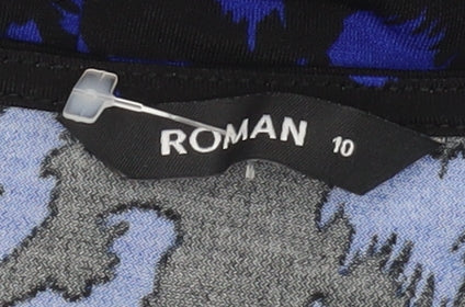 Brand and care label for Roman Women's Blue Animal Print Sheath Dress, size 10