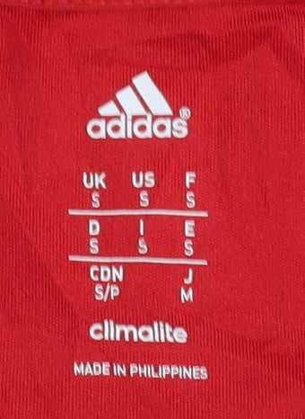 Brand and care label for adidas Men's Red T-Shirt, size S, Sports Style