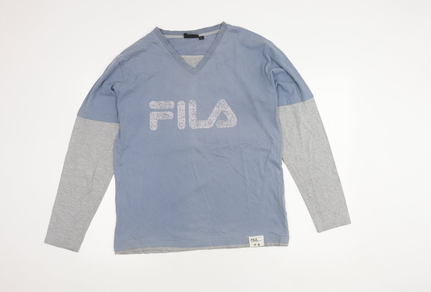FILA Men's Blue Grey Long Sleeve V-Neck T-Shirt L