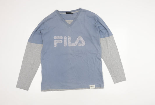 FILA Men's Blue Grey Long Sleeve V-Neck T-Shirt L