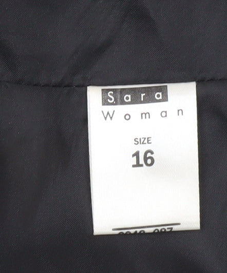 Brand and care label for Sara Woman Black Pinstriped Pencil Skirt, size 16