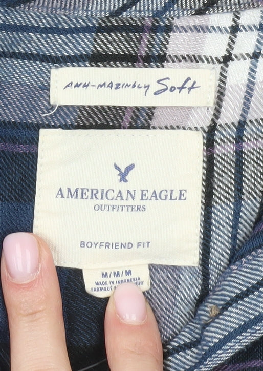 American Eagle Women's Blue Plaid Button-Up Shirt M