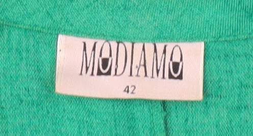 Brand and care label for Modiamo Women's Green Button-Up Shirt, size 14