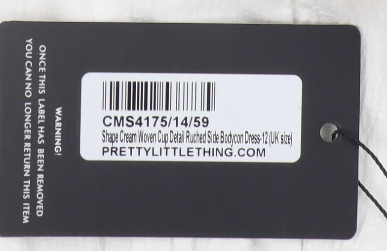 Brand and care label for PRETTYLITTLETHING Women’s White Bodycon Dress, size UK 12