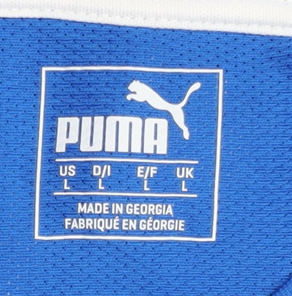 Brand and care label for Puma Men's Blue Football Jersey L