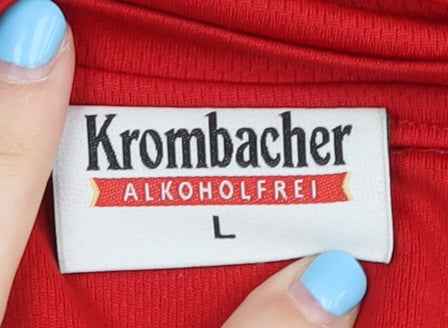Brand and care label for Krombacher Men’s Red T-Shirt, size L, Polyester