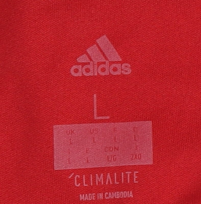 Brand and care label for Adidas Men’s Red Football Jersey L Moisture Wicking